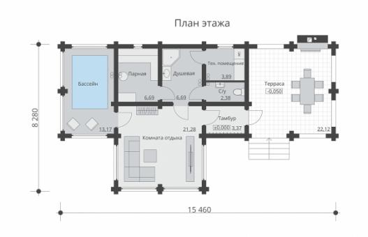 Одноэтажная баня с бассейном и террасой